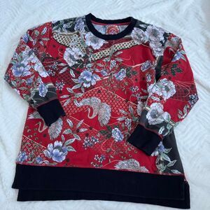 Johnny Was Red Crane High Low Cotton Crewneck Size M